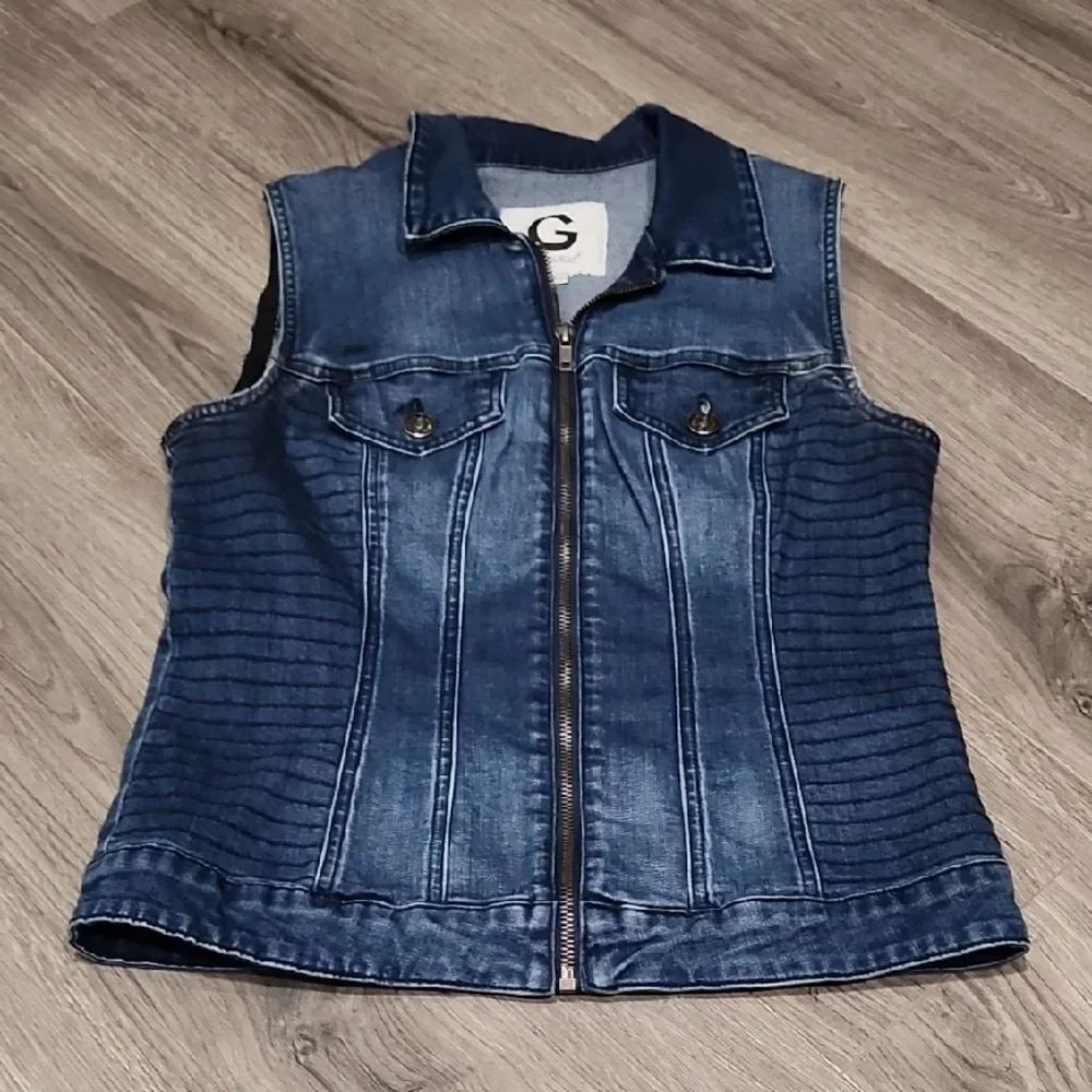 G By Guess Fitted Med Blue Denim Vest